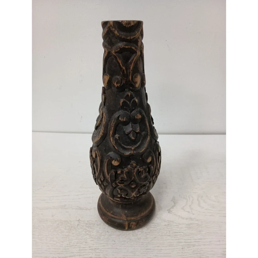 Vintage Hand Carved Turned Wood Vase 3D Raised Floral Design Rustic Primitive